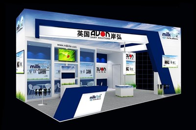 60平米展臺設(shè)計(jì)制作：三面開口/現(xiàn)代/型材結(jié)構(gòu)/藍(lán)色，為電子展展商而作（免費(fèi)使用）