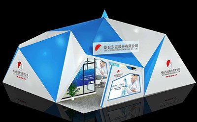 110平米展臺(tái)設(shè)計(jì)制作：二面開口/現(xiàn)代/木質(zhì)結(jié)構(gòu)/藍(lán)色，為化工展展商而作（免費(fèi)使用）