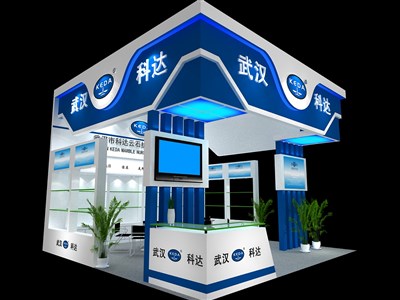 64平米展臺設計制作：三面開口/現代/木質結構/藍色，為化工展展商而作（免費使用）
