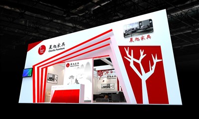 72平米展臺設(shè)計(jì)制作：一面開口/前衛(wèi)/型材結(jié)構(gòu)/紅色，為家具展展商而作（免費(fèi)使用）