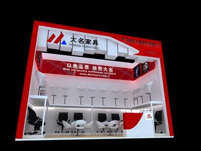12平米展臺設(shè)計(jì)制作：一面開口/現(xiàn)代/型材結(jié)構(gòu)/紅色，為家具展展商而作（免費(fèi)使用）