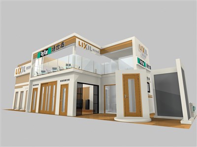 80平米展臺設計制作：三面開口/現(xiàn)代/雙層結構/咖啡色，為家具展展商而作（免費使用）