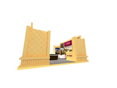 64平米展臺設(shè)計制作：二面開口/歐式/木質(zhì)結(jié)構(gòu)/米色，為房產(chǎn)展展商而作（免費使用）