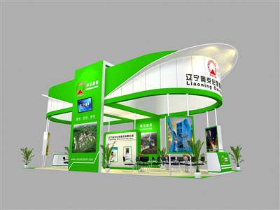 78平米展臺設計制作：四面開口/現代/木質結構/綠色，為綜合展展商而作（免費使用）