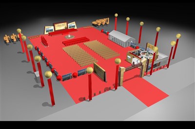 2016平米展臺設(shè)計制作：三面開口/現(xiàn)代/木質(zhì)結(jié)構(gòu)/紅色，為舞臺開幕式展商而作（免費使用）
