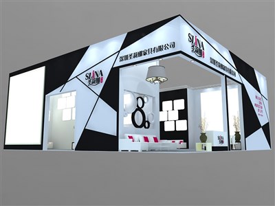 100平米展臺設(shè)計制作：二面開口/前衛(wèi)/型材結(jié)構(gòu)/黑色，為家具展展商而作（免費使用）