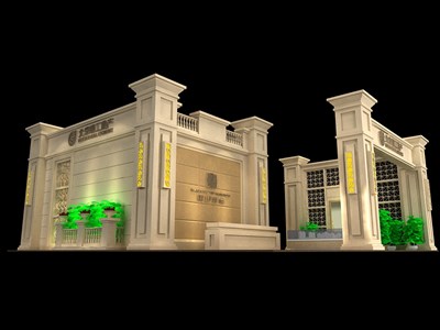 144平米展臺設(shè)計制作：三面開口/歐式/木質(zhì)結(jié)構(gòu)/咖啡色，為房產(chǎn)展展商而作（免費(fèi)使用）