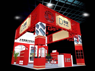 30平米展臺設(shè)計制作：三面開口/中式/木質(zhì)結(jié)構(gòu)/紅色，為綜合展展商而作（免費使用）
