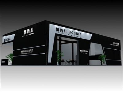 54平米展臺設(shè)計制作：三面開口/現(xiàn)代/型材結(jié)構(gòu)/黑色，為家具展展商而作（免費使用）