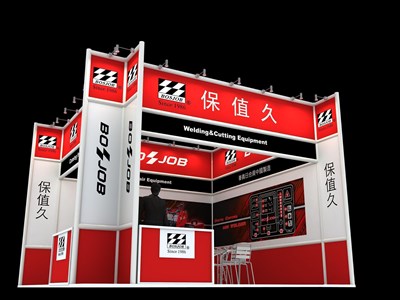 36平米展臺(tái)設(shè)計(jì)制作：二面開口/現(xiàn)代/型材結(jié)構(gòu)/紅色，為建材展展商而作（免費(fèi)使用）