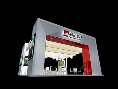 81平米展臺(tái)設(shè)計(jì)制作：四面開(kāi)口/現(xiàn)代/木質(zhì)結(jié)構(gòu)/紅色，為房產(chǎn)展展商而作（免費(fèi)使用）