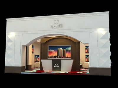 72平米展臺設計制作：二面開口/歐式/木質結構/灰色，為房產(chǎn)展展商而作（免費使用）