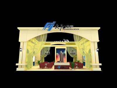 90平米展臺設計制作：二面開口/歐式/木質結構/米色，為房產展展商而作（免費使用）