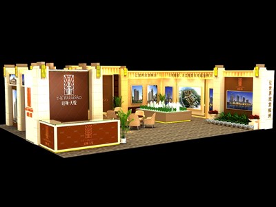 88平米展臺設(shè)計制作：二面開口/歐式/木質(zhì)結(jié)構(gòu)/米色，為房產(chǎn)展展商而作（免費(fèi)使用）