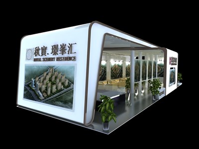 85平米展臺(tái)設(shè)計(jì)制作：三面開口/現(xiàn)代/木質(zhì)結(jié)構(gòu)/白色，為房產(chǎn)展展商而作（免費(fèi)使用）