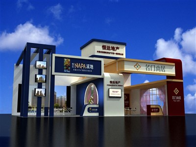 78平米展臺(tái)設(shè)計(jì)制作：二面開(kāi)口/歐式/木質(zhì)結(jié)構(gòu)/彩色，為房產(chǎn)展展商而作（免費(fèi)使用）