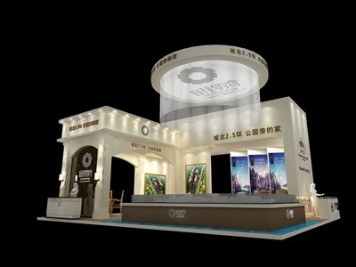 190平米展臺設計制作：四面開口/歐式/木質結構/米色，為房產展展商而作（免費使用）