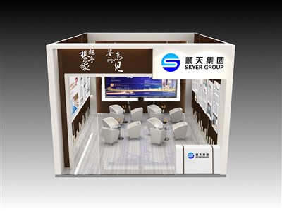 48平米展臺(tái)設(shè)計(jì)制作：一面開(kāi)口/現(xiàn)代/型材結(jié)構(gòu)/彩色，為房產(chǎn)展展商而作（免費(fèi)使用）