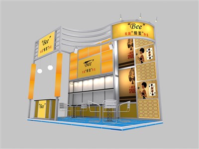 18平米展臺設(shè)計制作：三面開口/現(xiàn)代/型材結(jié)構(gòu)/黃色，為玩具展展商而作（免費使用）