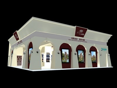 144平米展臺設計制作：四面開口/現代/木質結構/米色，為房產展展商而作（免費使用）