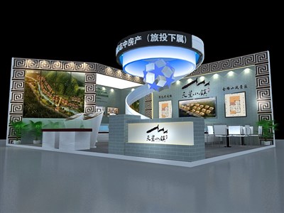 66平米展臺設(shè)計制作：二面開口/中式/木質(zhì)結(jié)構(gòu)/灰色，為房產(chǎn)展展商而作（免費使用）