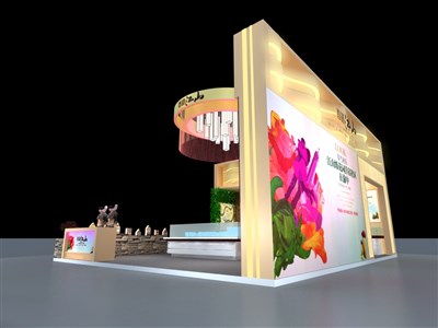 48平米展臺設(shè)計制作：二面開口/前衛(wèi)/木質(zhì)結(jié)構(gòu)/米色，為房產(chǎn)展展商而作（免費(fèi)使用）