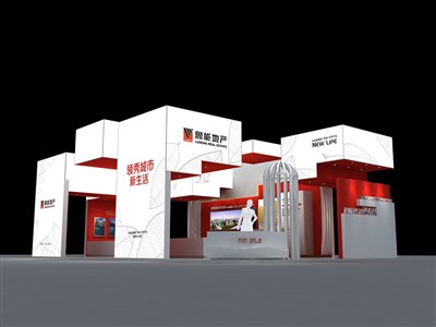 99平米展臺設(shè)計制作：三面開口/現(xiàn)代/木質(zhì)結(jié)構(gòu)/白色，為房產(chǎn)展展商而作（免費(fèi)使用）