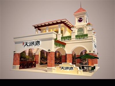 99平米展臺設計制作：二面開口/歐式/雙層結構/米色，為房產(chǎn)展展商而作（免費使用）