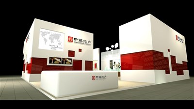100平米展臺(tái)設(shè)計(jì)制作：二面開口/現(xiàn)代/木質(zhì)結(jié)構(gòu)/紅色，為房產(chǎn)展展商而作（免費(fèi)使用）