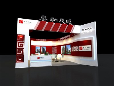 42平米展臺(tái)設(shè)計(jì)制作：二面開口/中式/木質(zhì)結(jié)構(gòu)/紅色，為房產(chǎn)展展商而作（免費(fèi)使用）