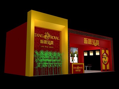 40平米展臺(tái)設(shè)計(jì)制作：二面開口/中式/木質(zhì)結(jié)構(gòu)/紅色，為房產(chǎn)展展商而作（免費(fèi)使用）