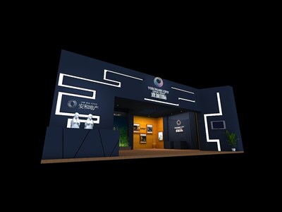 90平米展臺設(shè)計(jì)制作：一面開口/現(xiàn)代/型材結(jié)構(gòu)/藍(lán)色，為房產(chǎn)展展商而作（免費(fèi)使用）