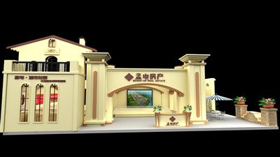 91平米展臺(tái)設(shè)計(jì)制作：二面開口/歐式/木質(zhì)結(jié)構(gòu)/米色，為房產(chǎn)展展商而作（免費(fèi)使用）