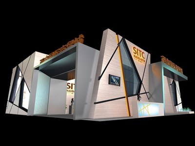 156平米展臺設(shè)計制作：三面開口/前衛(wèi)/型材結(jié)構(gòu)/灰色，為房產(chǎn)展展商而作（免費使用）