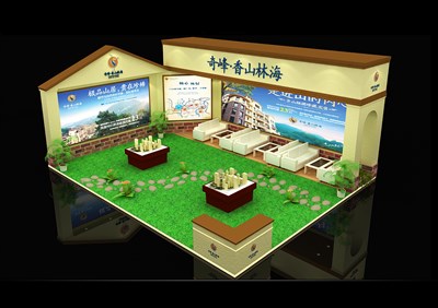 56平米展臺設(shè)計制作：二面開口/歐式/木質(zhì)結(jié)構(gòu)/米色，為房產(chǎn)展展商而作（免費(fèi)使用）
