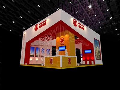 48平米展臺設(shè)計制作：三面開口/中式/木質(zhì)結(jié)構(gòu)/紅色，為房產(chǎn)展展商而作（免費(fèi)使用）