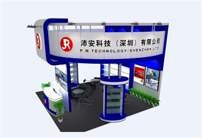 36平米展臺設(shè)計制作：三面開口/現(xiàn)代/型材結(jié)構(gòu)/藍色，為電子展展商而作（免費使用）