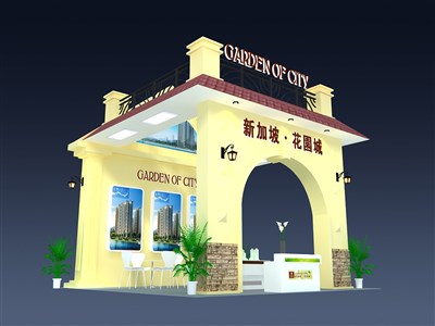 48平米展臺設計制作：三面開口/田園/木質(zhì)結(jié)構(gòu)/黃色，為房產(chǎn)展展商而作（免費使用）