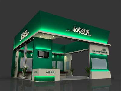 90平米展臺設計制作：三面開口/前衛(wèi)/型材結構/綠色，為房產展展商而作（免費使用）