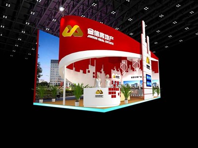 48平米展臺(tái)設(shè)計(jì)制作：二面開口/前衛(wèi)/木質(zhì)結(jié)構(gòu)/紅色，為房產(chǎn)展展商而作（免費(fèi)使用）