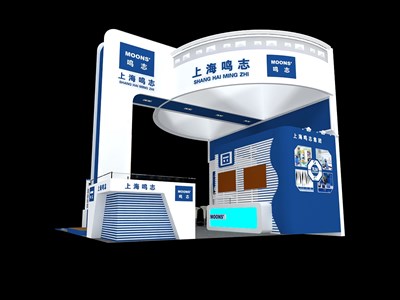 36平米展臺設計制作：三面開口/現(xiàn)代/型材結(jié)構(gòu)/藍色，為電子展展商而作（免費使用）