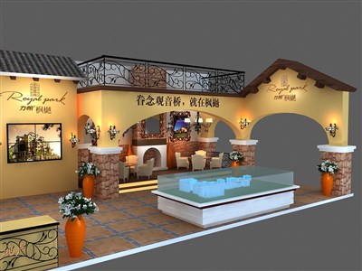 88平米展臺設計制作：三面開口/田園/木質(zhì)結(jié)構(gòu)/黃色，為房產(chǎn)展展商而作（免費使用）