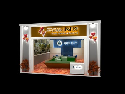56平米展臺(tái)設(shè)計(jì)制作：一面開口/歐式/木質(zhì)結(jié)構(gòu)/灰色，為房產(chǎn)展展商而作（免費(fèi)使用）