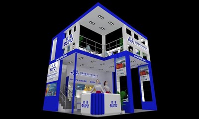 36平米展臺設計制作：三面開口/現(xiàn)代/木質(zhì)結構/藍色，為電子展展商而作（免費使用）