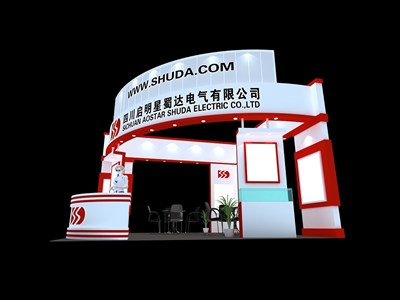 36平米展臺設(shè)計制作：三面開口/現(xiàn)代/木質(zhì)結(jié)構(gòu)/紅色，為電子展展商而作（免費使用）