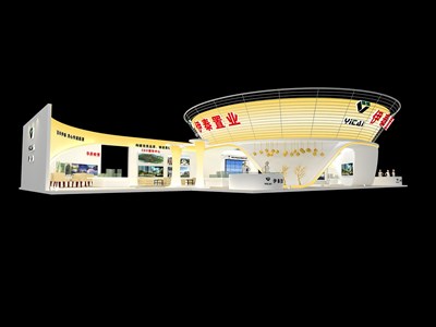 390平米展臺設計制作：四面開口/前衛(wèi)/型材結構/米色，為房產展展商而作（免費使用）