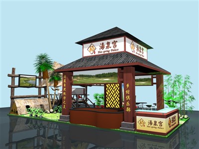 72平米展臺設(shè)計制作：四面開口/田園/木質(zhì)結(jié)構(gòu)/咖啡色，為旅游展展商而作（免費使用）