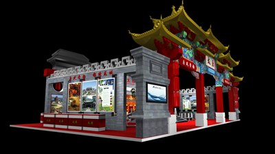 200平米展臺(tái)設(shè)計(jì)制作：四面開口/中式/木質(zhì)結(jié)構(gòu)/灰色，為旅游展展商而作（免費(fèi)使用）