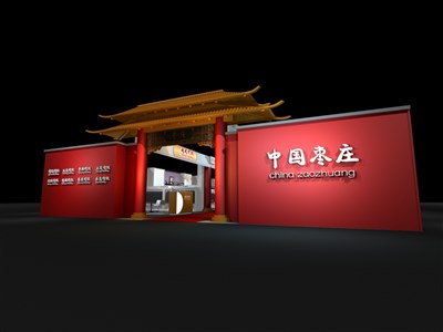 312平米展臺設計制作：二面開口/中式/木質(zhì)結構/紅色，為旅游展展商而作（免費使用）