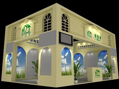 54平米展臺設(shè)計制作：二面開口/歐式/木質(zhì)結(jié)構(gòu)/米色，為建材展展商而作（免費使用）